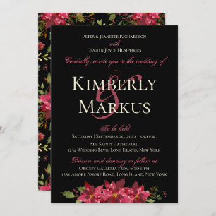 Dark Moody Wedding Monogram Claret Red Poinsettia Invitation