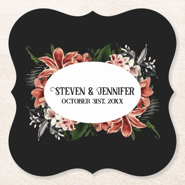 Dark & Moody Wedding Personalised Names Paper Coaster (Front)