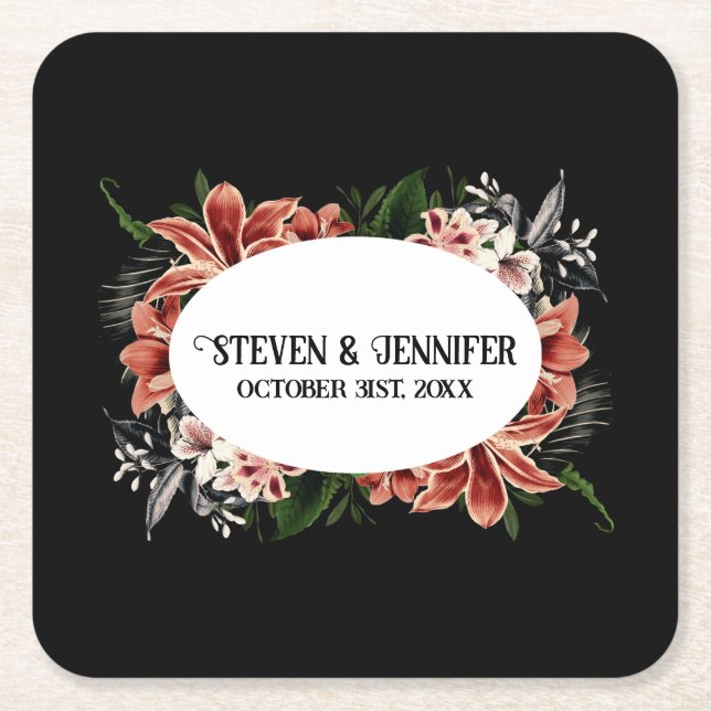 Dark & Moody Wedding Personalised Names Square Paper Coaster (Front)