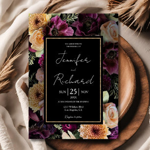 Dark Moody Wedding Purple Flowers Black Gold Invitation