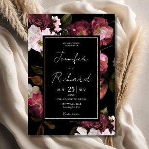 Dark Moody Wedding Purple Flowers Elegant Black Invitation