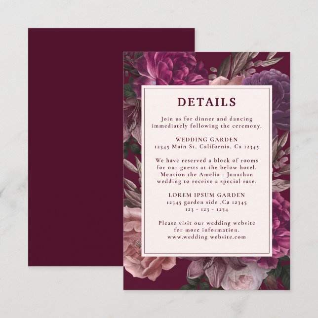 Dark Moody Winter Burgundy & Maroon Floral Wedding Enclosure Card (Front/Back)