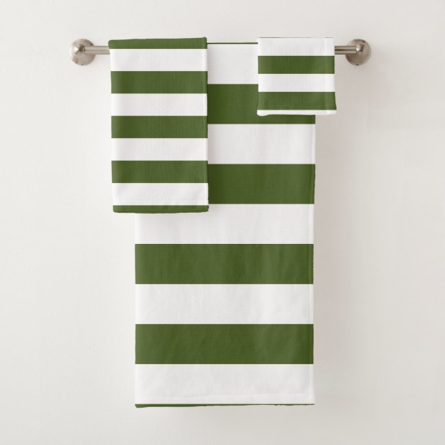 Dark Moss Green and White Stripes Bath Towel Set (Insitu)
