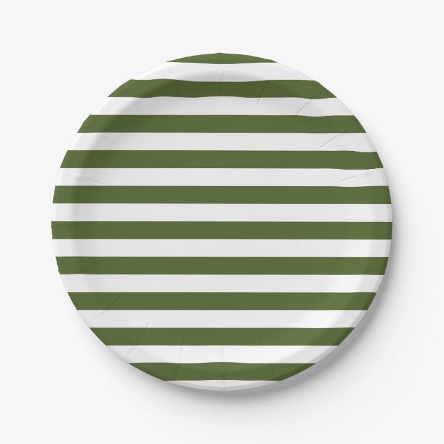 Dark Moss Green and White Stripes Paper Plate (Front)