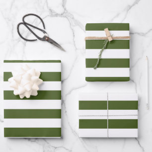 Dark Moss Green and White Stripes Wrapping Paper Sheet