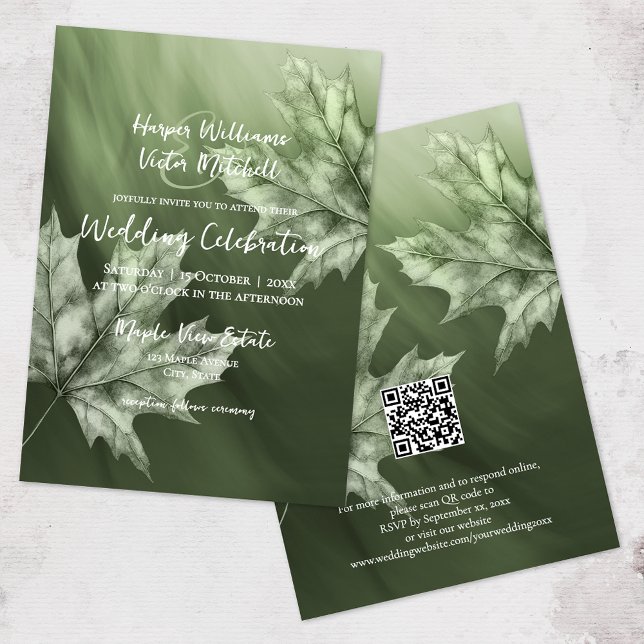 dark moss green maple leaves accent all in one invitation (front & back of invitation )