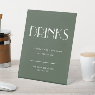 Dark Moss Green Minimalist Scandi Wedding Bar Pedestal Sign
