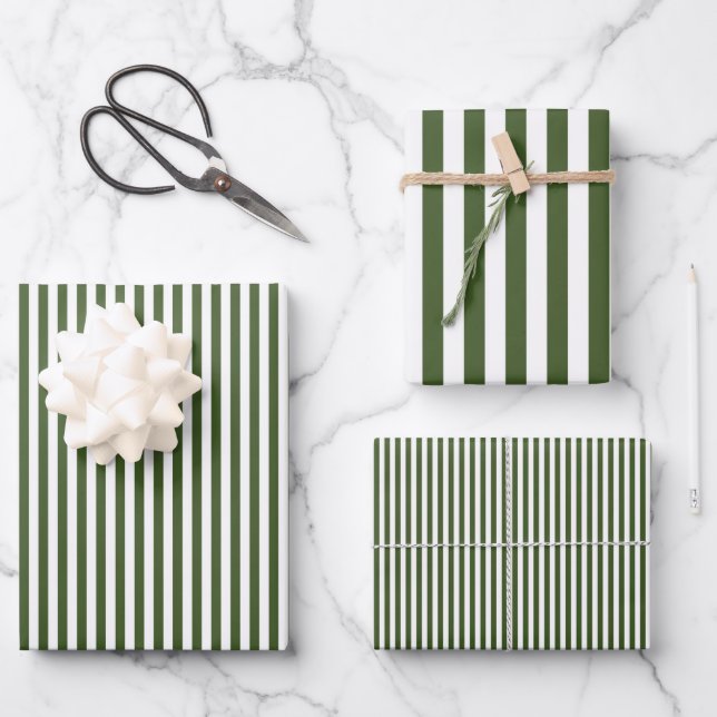 Dark Moss Green & White Stripes Wrapping Paper Sheet (Front)