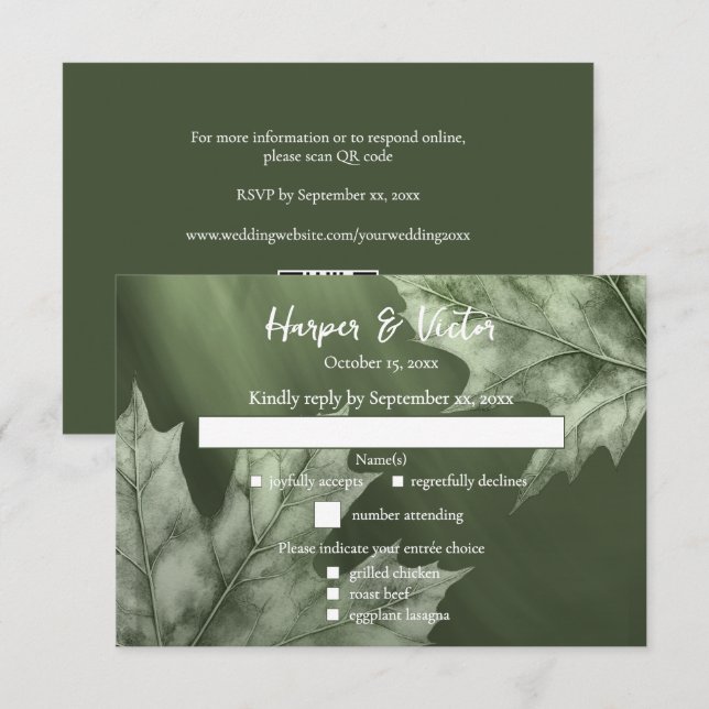 dark moss green with maple leaves accent QR code RSVP Card (Front/Back)