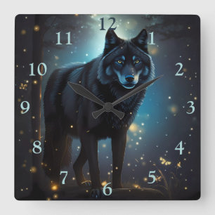 Dark Mysterious Black Wolf Square Wall Clock