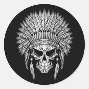 Dark Native Sugar Skull with Headdress Classic Round Sticker