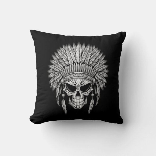 Dark Native Sugar Skull with Headdress Cushion (Front)