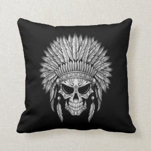 Dark Native Sugar Skull with Headdress Cushion