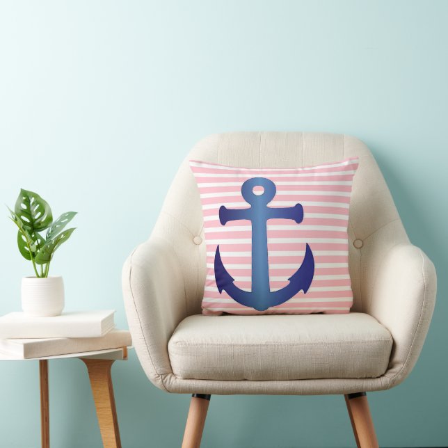 Dark Nautical Blue Anchor Pink Striped Stripes Cushion (Chair)