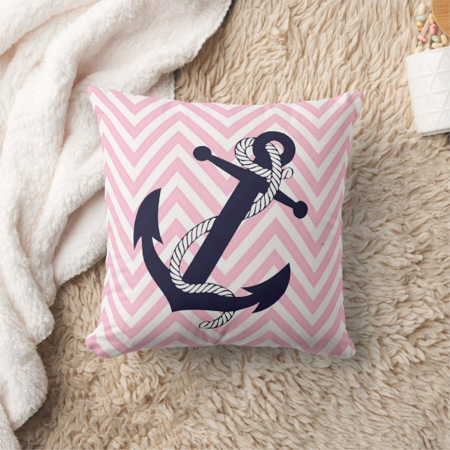 Dark Nautical Blue Anchor Pink Zigzag Chevron Cushion (Blanket)