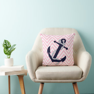 Dark Nautical Blue Anchor Pink Zigzag Chevron Cushion