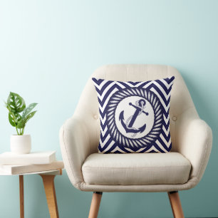Dark Nautical Blue Anchor Zigzag Chevron Pattern Cushion