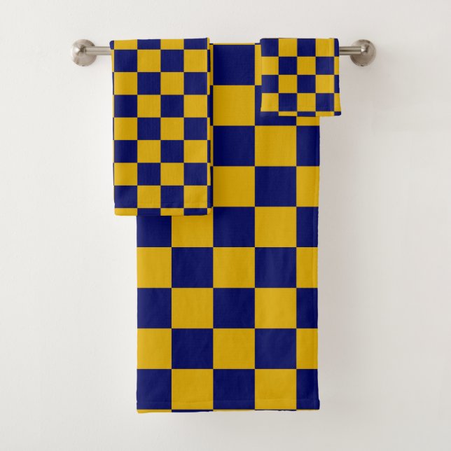 Dark Navy and Mustard Yellow Chequerboard Bath Towel Set (Insitu)