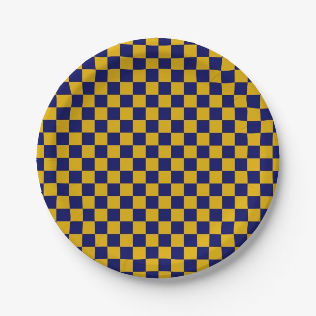 Dark Navy and Mustard Yellow Chequerboard Paper Plate (Front)