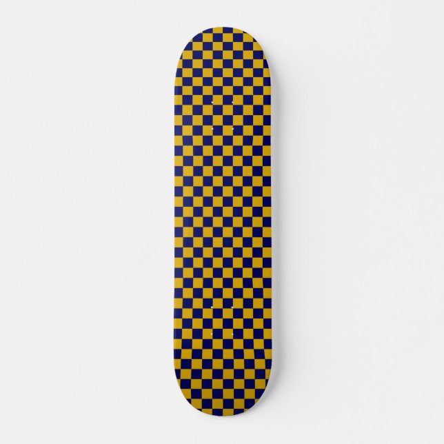 Dark Navy and Mustard Yellow Chequerboard Skateboard (Front)