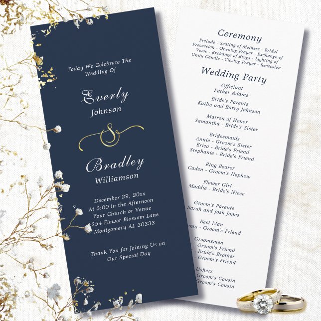 Dark Navy Background Elegant Minimal Wedding Program (Creator Uploaded)