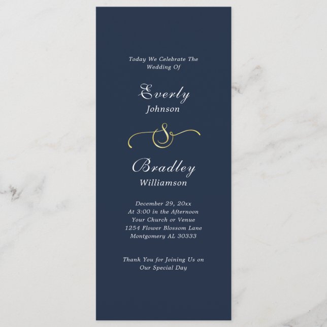 Dark Navy Background Elegant Minimal Wedding Program (Front)