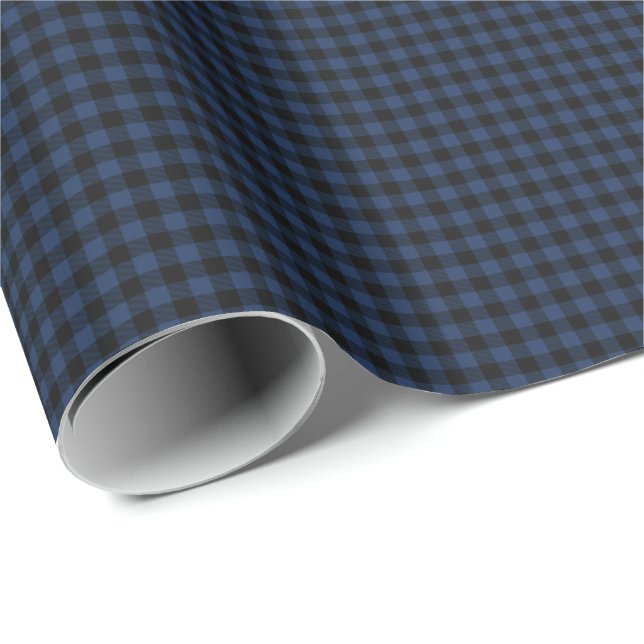 Dark Navy Blue and Black Gingham Plaid Chequered Wrapping Paper (Roll Corner)