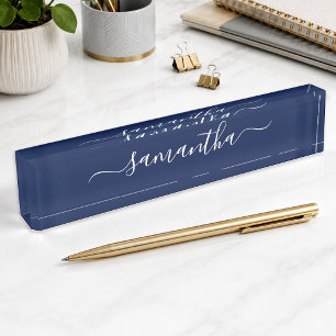 Dark Navy Blue and White Girly Signature Nameplate