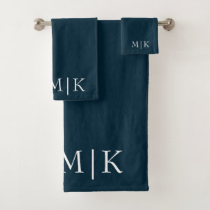 Dark Navy Blue and White   Modern Monogram Bath Towel Set