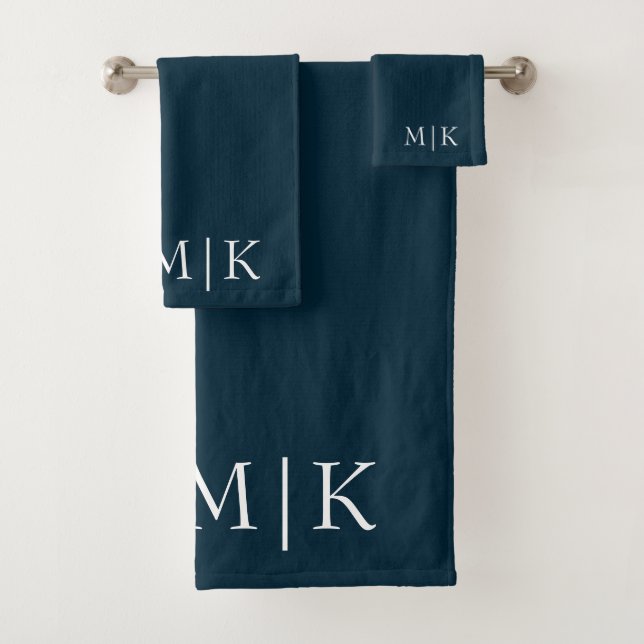 Dark Navy Blue and White | Modern Monogram Bath Towel Set (Insitu)