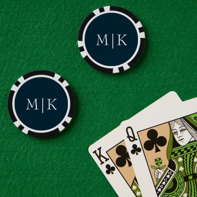 Dark Navy Blue and White | Modern Monogram Poker Chips (Poker Table (Double))