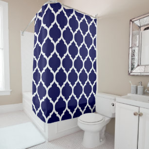 Dark Navy Blue and White Quatrefoil Trellis Shower Curtain
