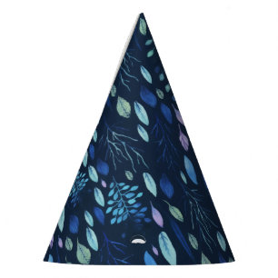 Dark Navy Blue Botanical Leaves Garden Watercolor Party Hat