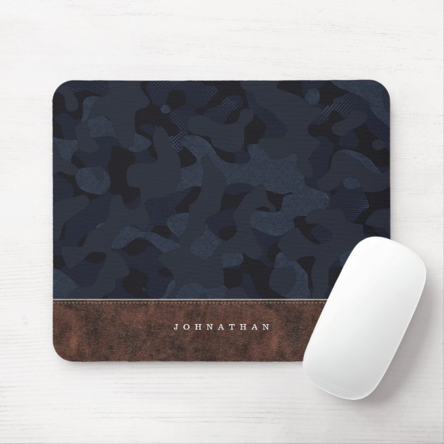 Dark Navy Blue Camouflage Pattern & Leather Mouse Pad (With Mouse)