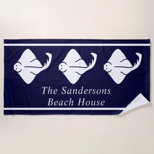 Dark Navy Blue Coastal Nautical Stingray Manta Ray Beach Towel (Front)