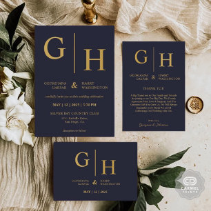 Dark Navy Blue Colour And Gold Plain Wedding Thank You Card