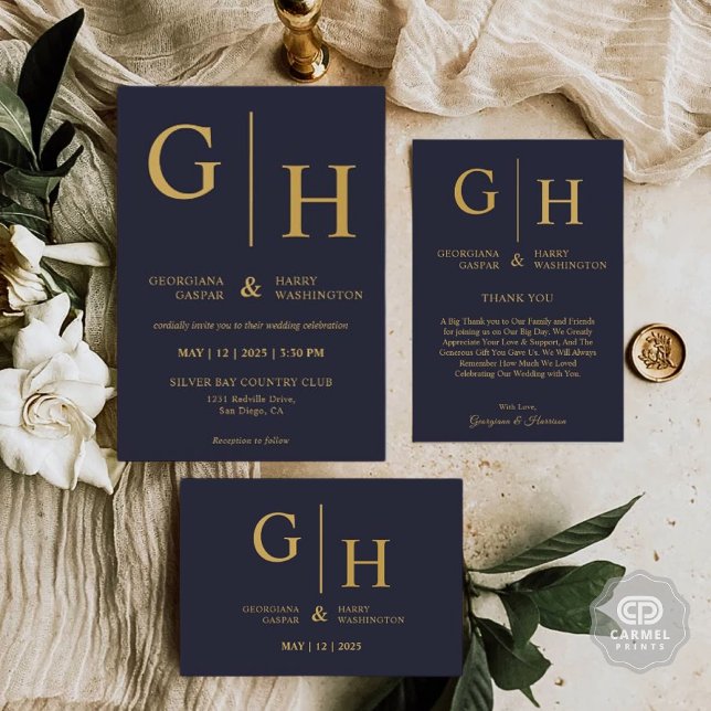 Dark Navy Blue Colour And Gold Plain Wedding Thank You Card (Dark Navy Blue Color And Gold Plain Wedding Thank You Card)