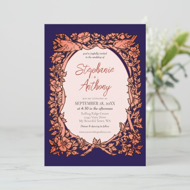 Dark Navy Blue Copper Wildflower Border Wedding Invitation (Standing Front)