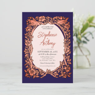 Dark Navy Blue Copper Wildflower Border Wedding Invitation