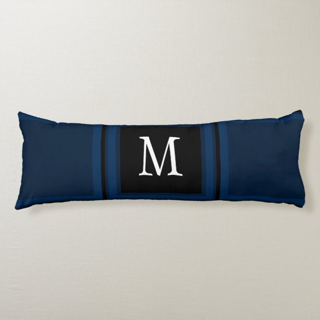 Dark Navy Blue Custom Single Initial Striped Body Cushion (Front)