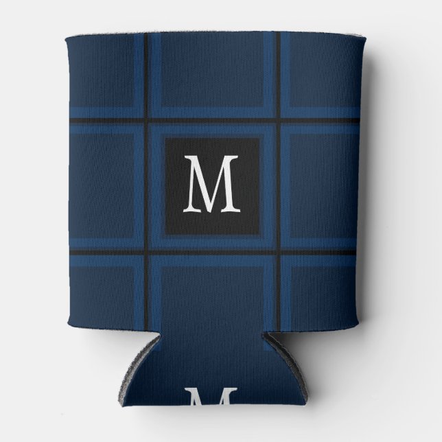 Dark Navy Blue Custom Single Initial Striped Can Cooler (Front)