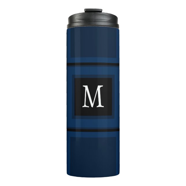 Dark Navy Blue Custom Single Initial Striped Thermal Tumbler (Front)