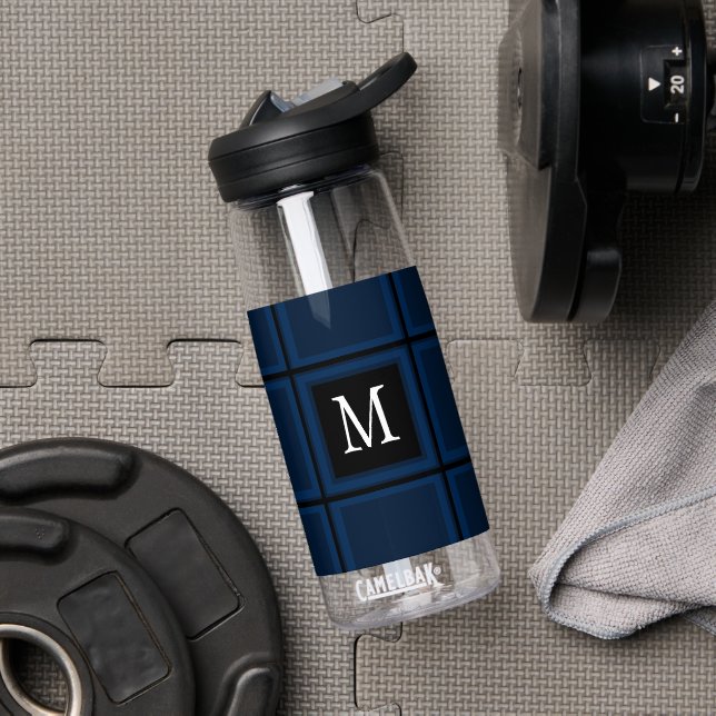 Dark Navy Blue Custom Single Initial Striped Water Bottle (Gym (Rotated))