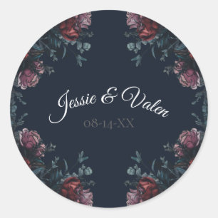 Dark Navy Blue Floral Elegant Wedding Maroon Mauve Classic Round Sticker
