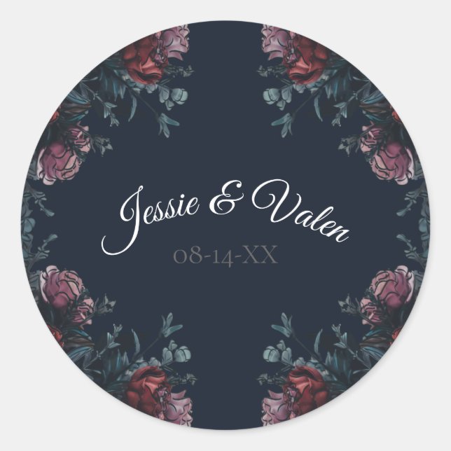 Dark Navy Blue Floral Elegant Wedding Maroon Mauve Classic Round Sticker (Front)