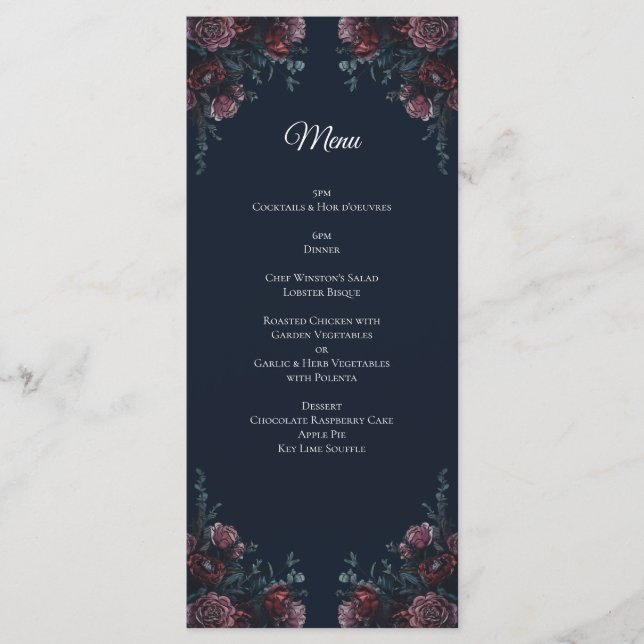 Dark Navy Blue Floral Elegant Wedding Maroon Mauve Menu (Front)