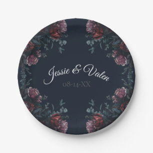 Dark Navy Blue Floral Elegant Wedding Maroon Mauve Paper Plate