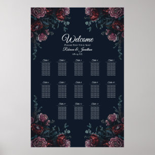 Dark Navy Blue Floral Elegant Wedding Maroon Mauve Poster