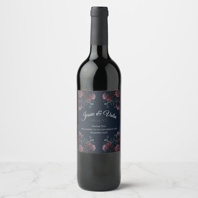Dark Navy Blue Floral Elegant Wedding Wine Label (Front)
