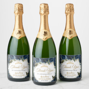 Dark Navy Blue Floral Roses Butterflies Favour Sparkling Wine Label